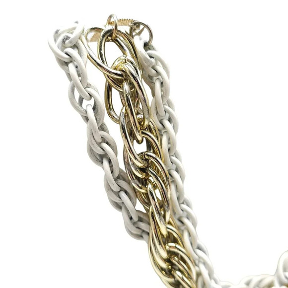 White Enamel Gold Tone Multi-Strand Bib Chunky Chain Necklace Vintage - Picture 2 of 9